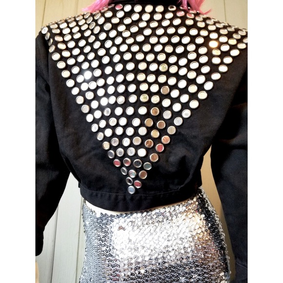 Vintage 80s PUNK Atomic Space Age MOD Black Denim Jacket Studded w/Mirrors wOw! - Picture 1 of 14